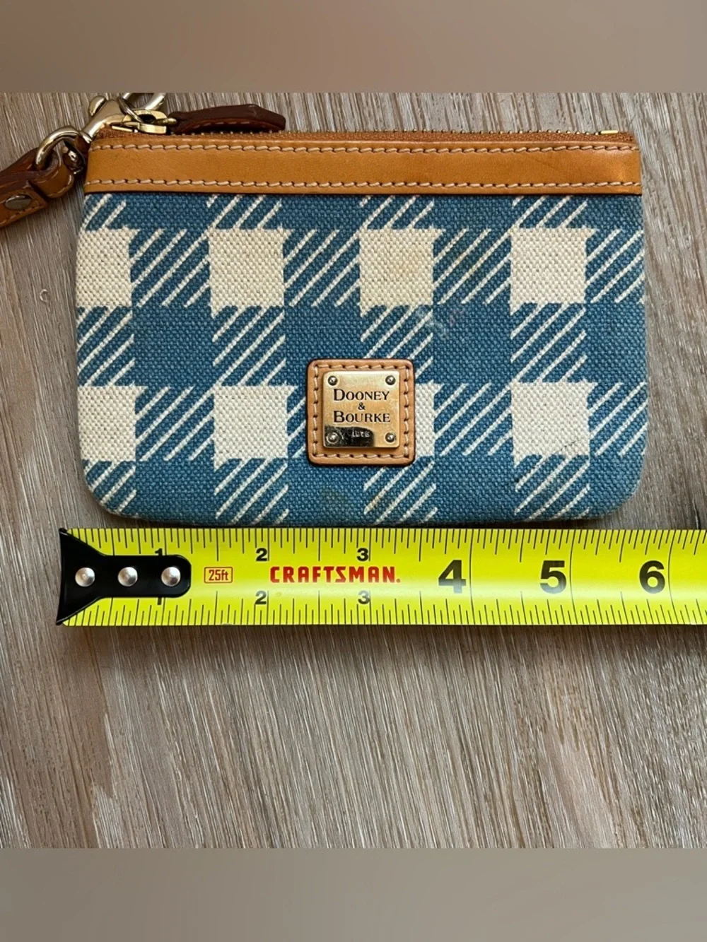 Dooney & Bourke Blue and Cream Plaid Canvas Wristlet with Tan Trim